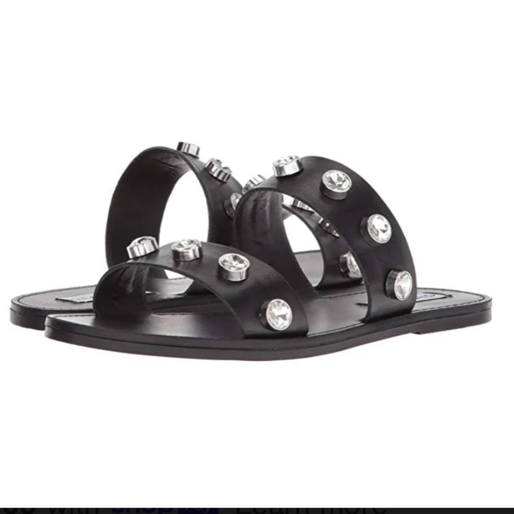STEVE MADDEN WOMEN'S JESSY SANDAL, BLACK LEATHER rhinestone